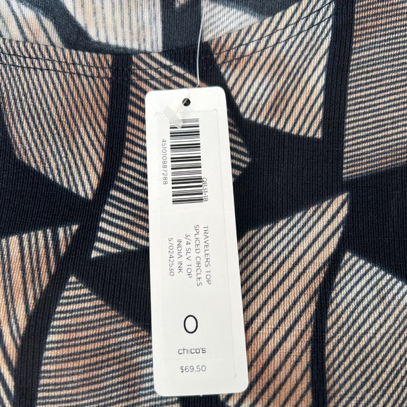 Chico's Tunic NWT Long Sleeve Crew Neck Geometric Pullover Black & Tan Size 0 - Picture 8 of 8